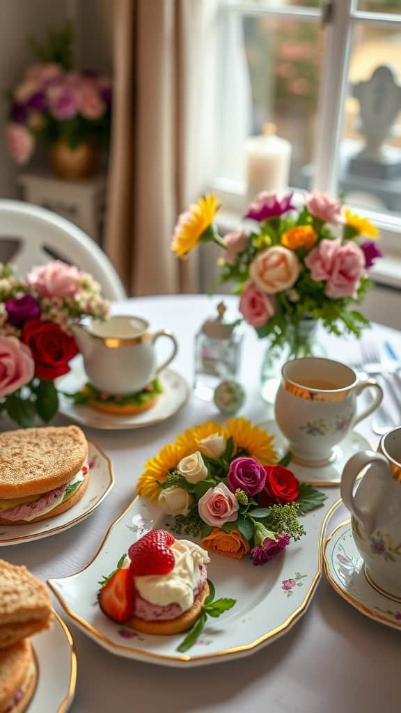 A beautifully arranged tea party with finger sandwiches and scones on a table.