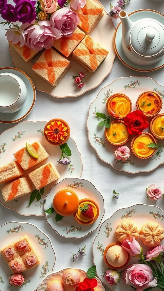 Elegant finger foods and sweets for a tea party, including fruit tarts and layered cakes.