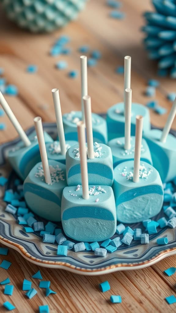 Teal and blue marshmallow pops decorated with sprinkles on a plate