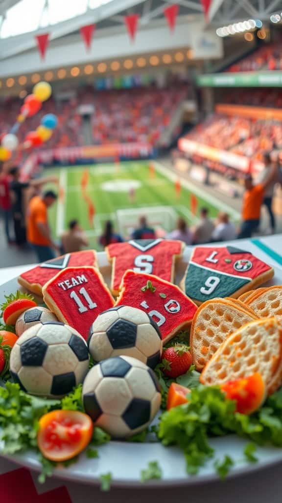 Colorful sandwiches shaped like jerseys and soccer balls, perfect for serving at a soccer game party.