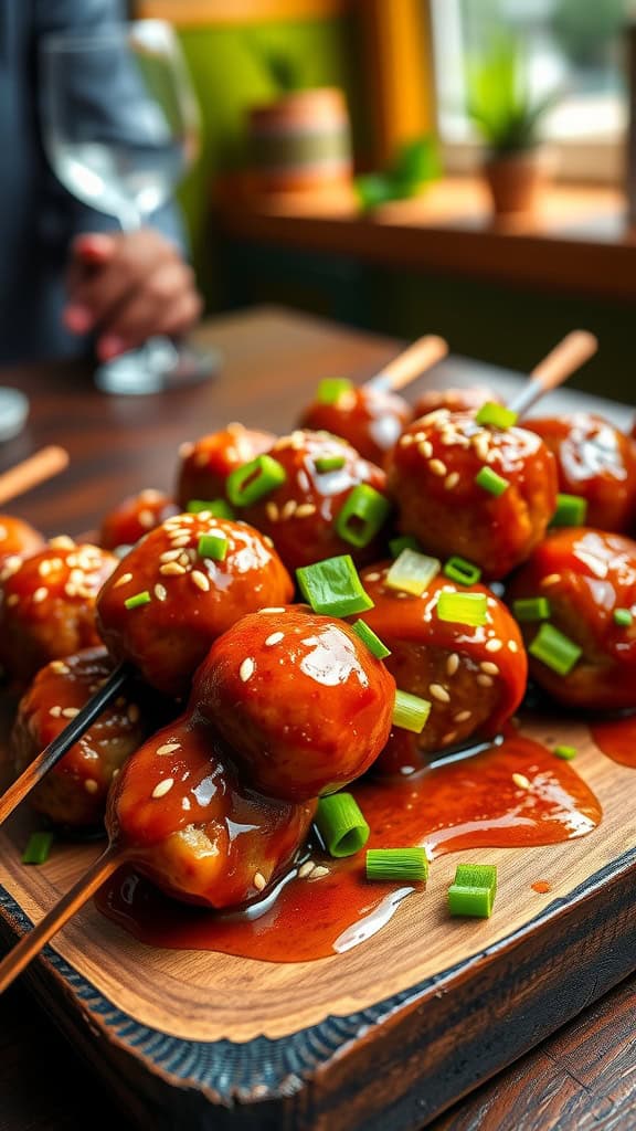 Delicious teriyaki meatball skewers garnished with green onions and sesame seeds