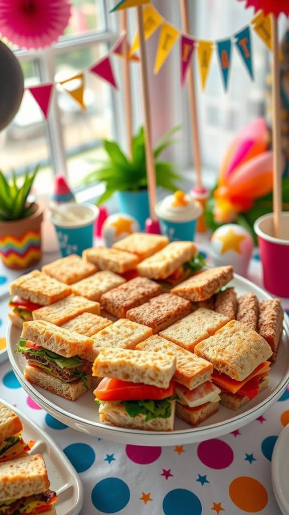 A platter of assorted mini sandwiches perfect for a birthday party buffet.