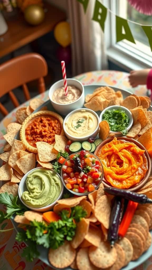 Colorful dip platter with various dips and chips for a birthday party.