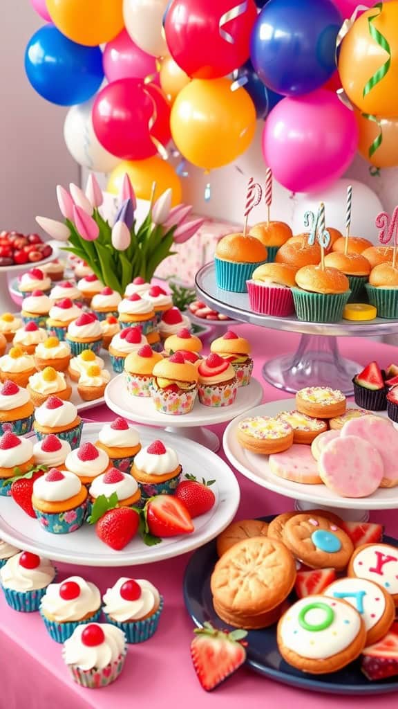 Colorful themed birthday food display with cupcakes, balloons, and decorations.