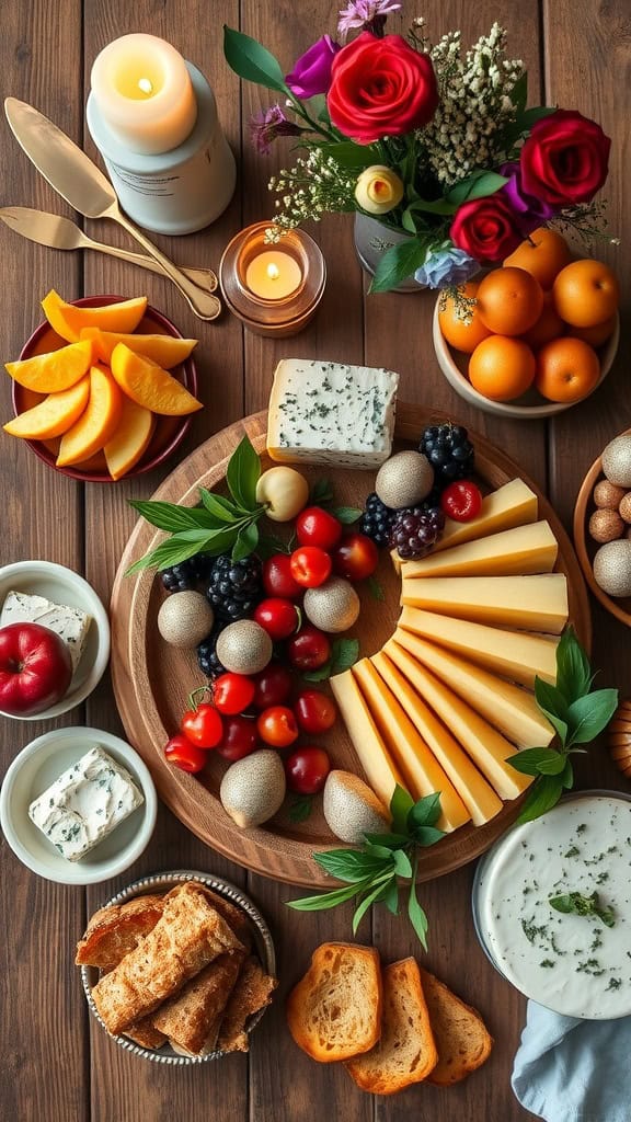 A rustic chic engagement party charcuterie board with cheeses, fruits, and crackers.