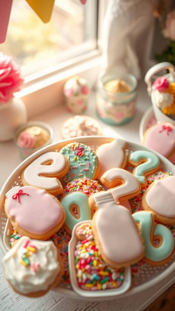 Decorated cookies in a variety of colors and shapes for a gender reveal party.