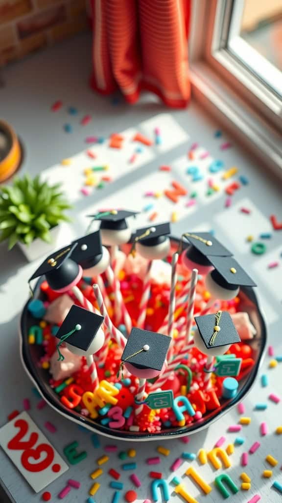 Themed graduation cake pops decorated with graduation caps and colorful sprinkles