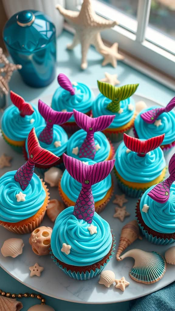 Colorful cupcakes topped with blue frosting and edible mermaid tails