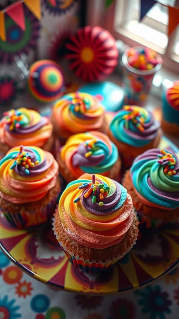 Colorful tie-dye cupcakes with vibrant frosting and sprinkles