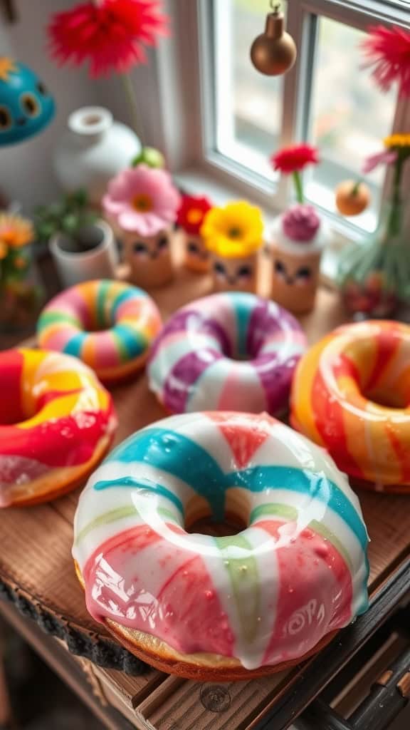 Colorful tie-dye donuts with bright glazes