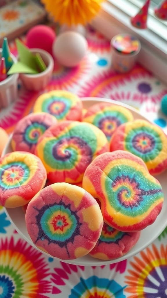 Colorful tie-dye sugar cookies with swirls of rainbow colors, sprinkled with edible glitter.