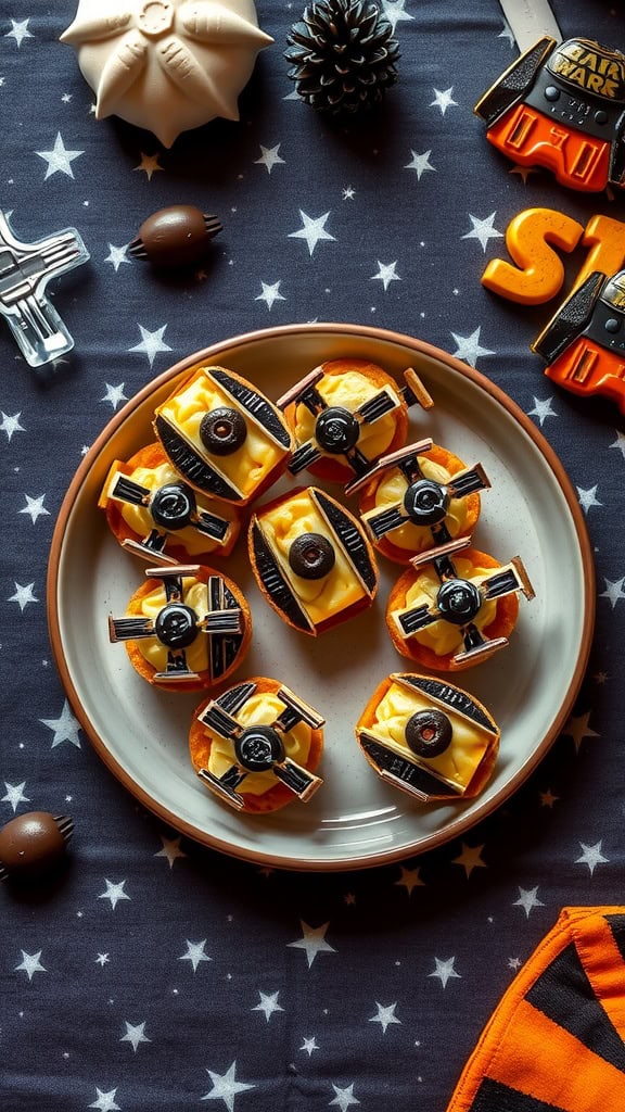 Tie Fighter Cheese Bites on a plate, decorated for a Star Wars-themed party