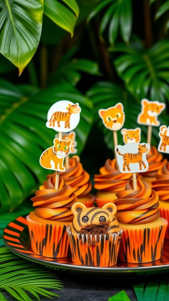 Tiger-striped cupcakes with orange and chocolate frosting