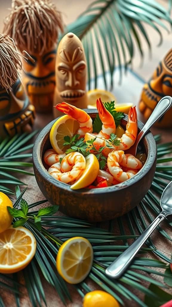 A bowl of tropical shrimp ceviche garnished with cilantro and lemon slices, surrounded by tropical decorations.