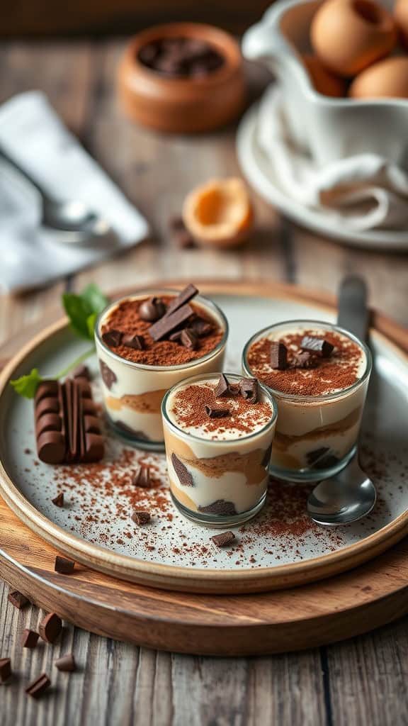 Tiramisu dessert cups with layers of mascarpone and chocolate on a wooden platter.