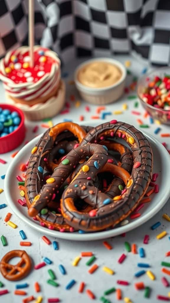 Chocolate dipped pretzels decorated with sprinkles, resembling tire tracks, suitable for a race car party.