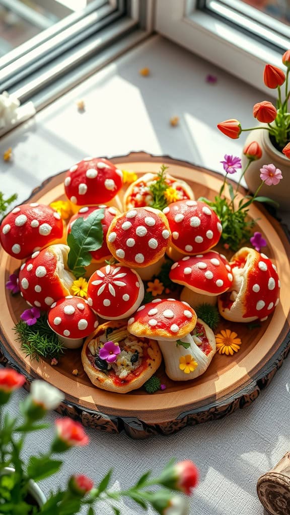 Mini pizzas shaped like red and white mushrooms, decorated with herbs and flowers.