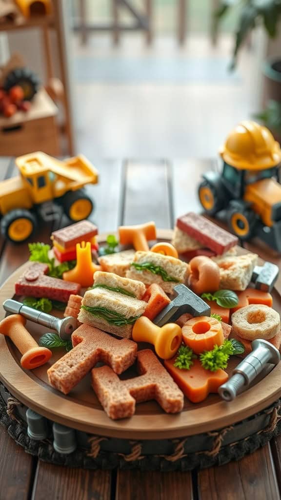 Colorful and playful toolbox-shaped mini sandwiches arranged on a wooden platter.