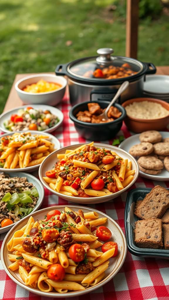 A colorful display of pasta salad with cherry tomatoes, bell peppers, and olives, served at a potluck.