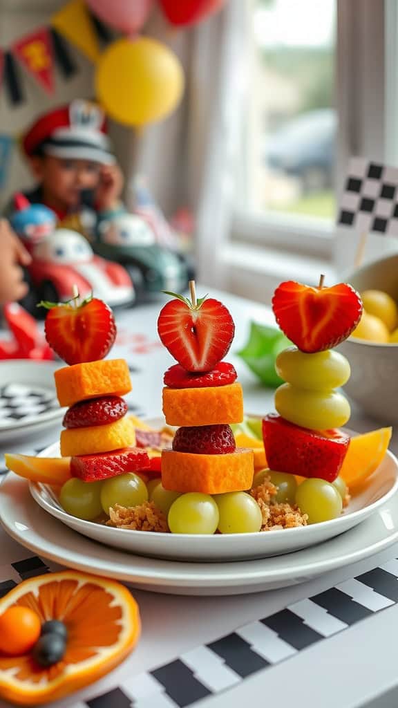 Colorful fruit skewers arranged like traffic lights for a birthday party