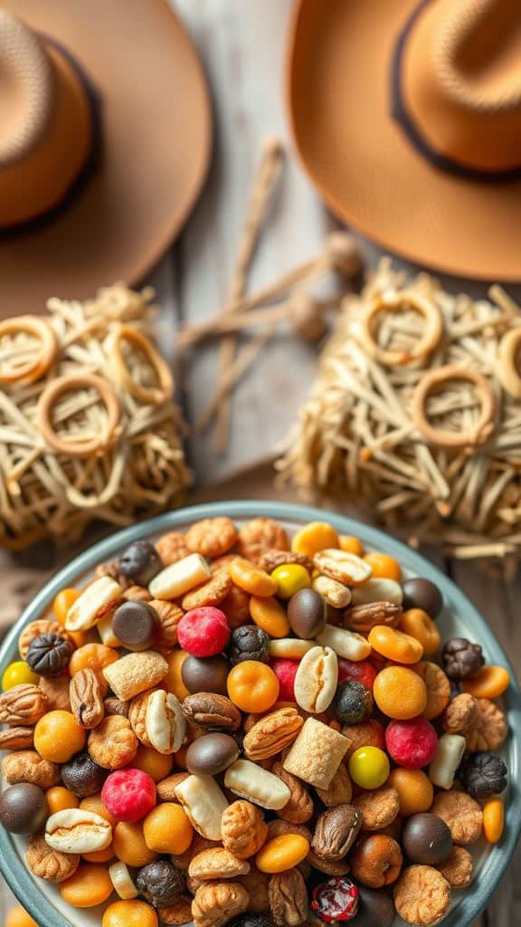 A bowl of colorful trail mix with nuts, candies, and pretzels, perfect for a cowboy-themed party.