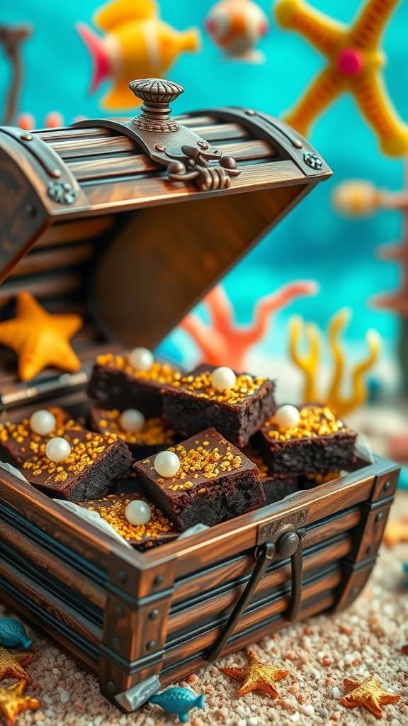 Delicious brownies topped with gold sprinkles and edible pearls in a treasure chest