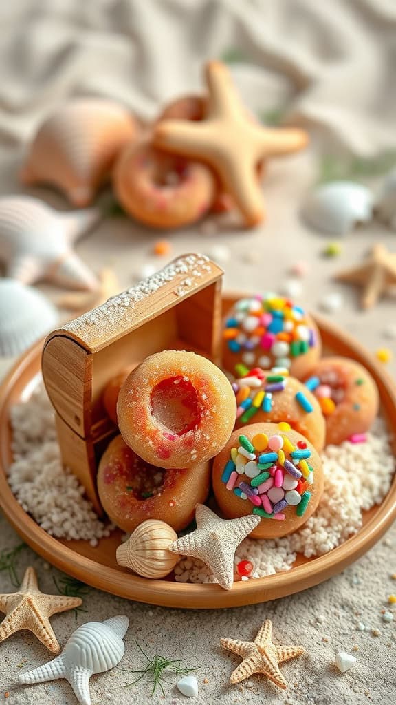 Treasure Chest Donut Holes displayed with decorative ocean-themed elements.