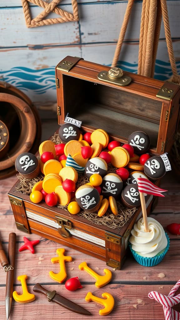 Colorful pirate-themed desserts in a treasure chest with candies and decorations.