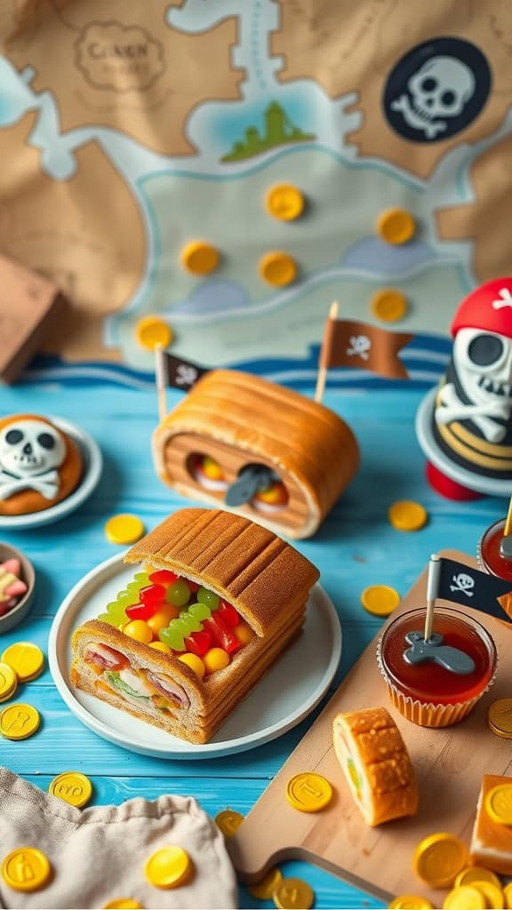 A plate of colorful pirate-themed treats resembling a treasure chest and candies for a party.