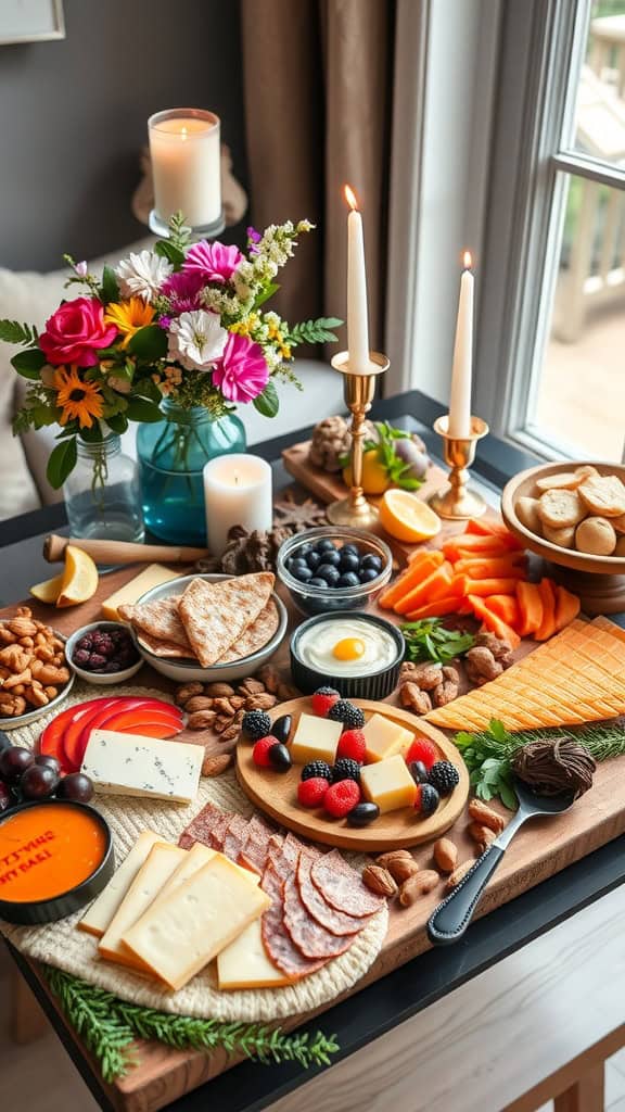 A beautifully arranged grazing table with cheeses, meats, fruits, and nuts.