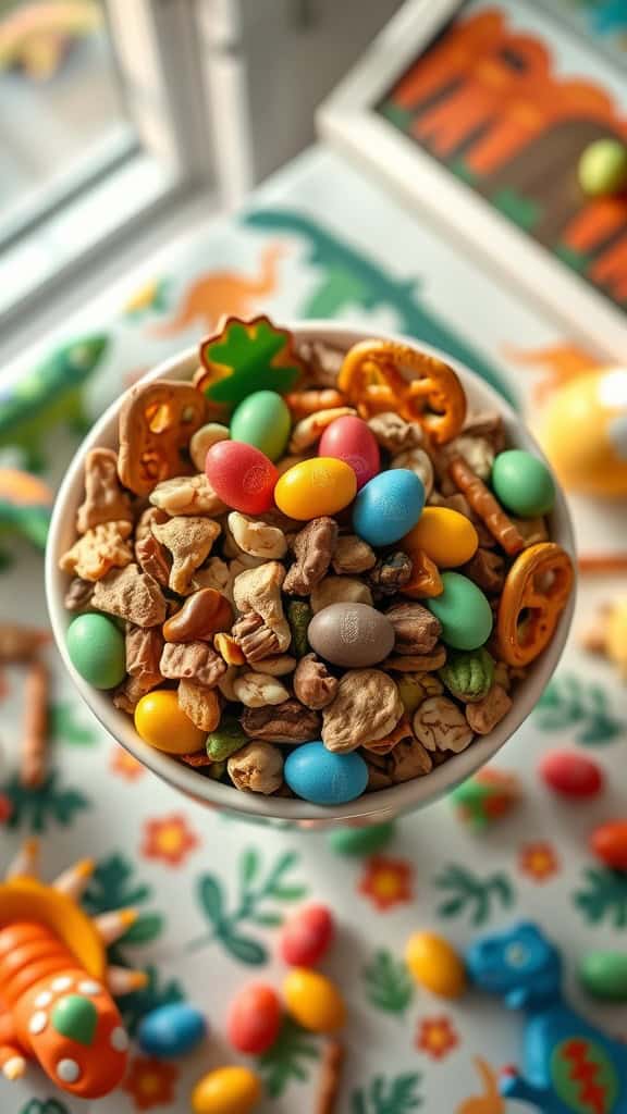 A colorful bowl of crunchy trail mix with nuts, pretzels, and chocolate candies, set against a playful dinosaur-themed backdrop.