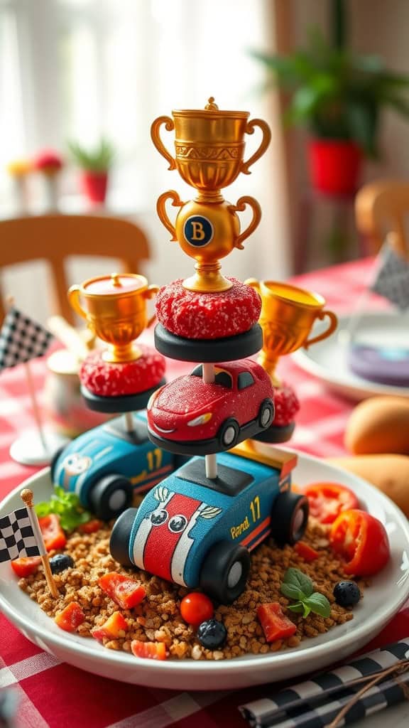 Colorful Trophy Tower Cake Pops decorated with edible glitter and toy trophies for a race car themed birthday party.