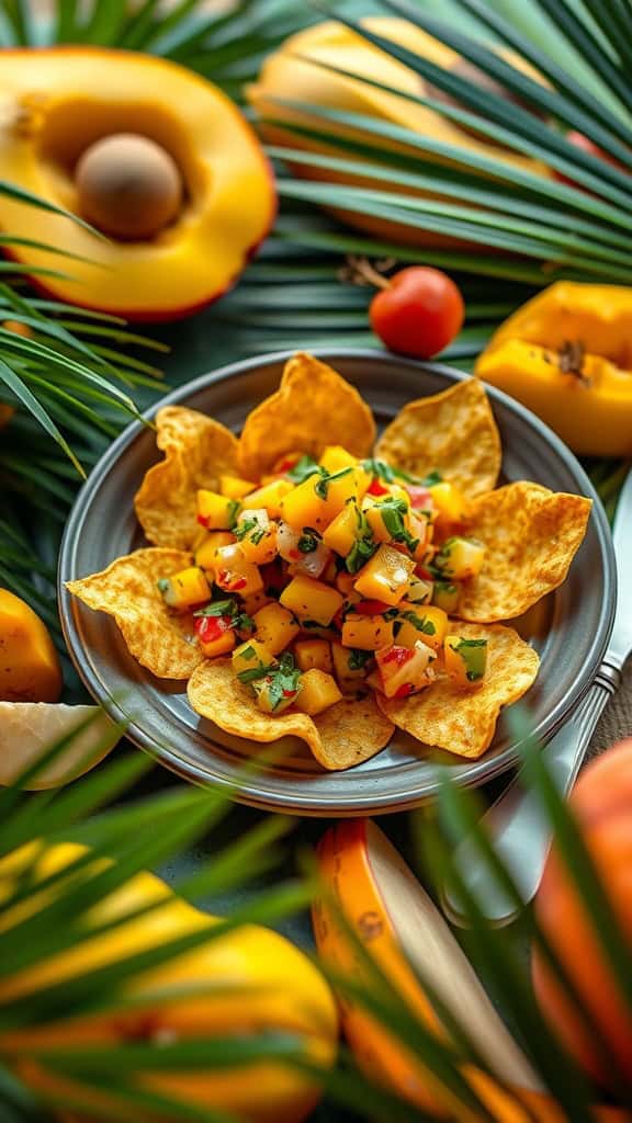 A plate of crunchy mini taro chips topped with fresh mango salsa made from diced mango, red bell pepper, red onion, and cilantro.