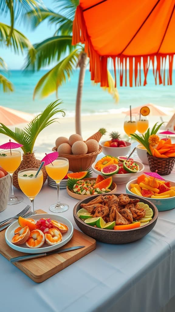 A vibrant tropical spread featuring chicken wings and fresh fruits for a beach-themed party.