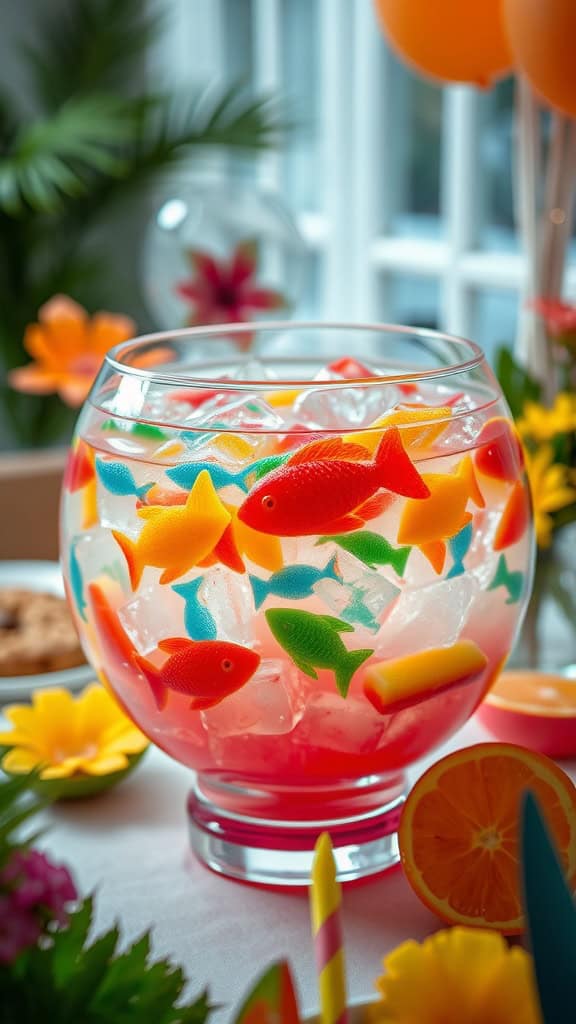 Colorful tropical punch with gummy fish in a bowl