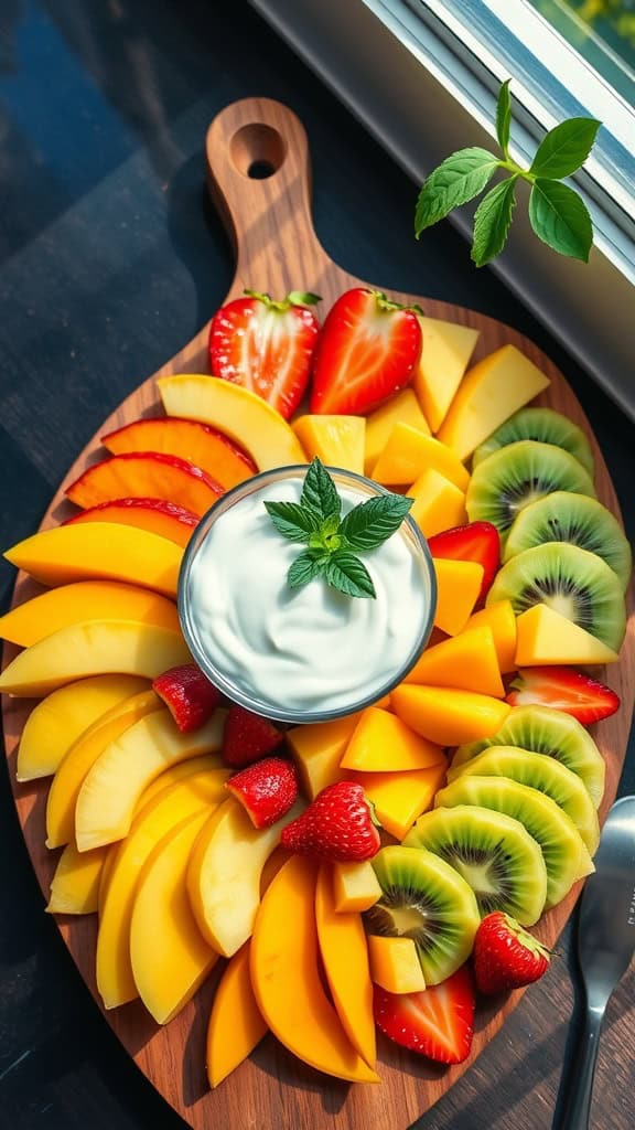 A vibrant platter featuring an assortment of tropical fruits and a yogurt dip.