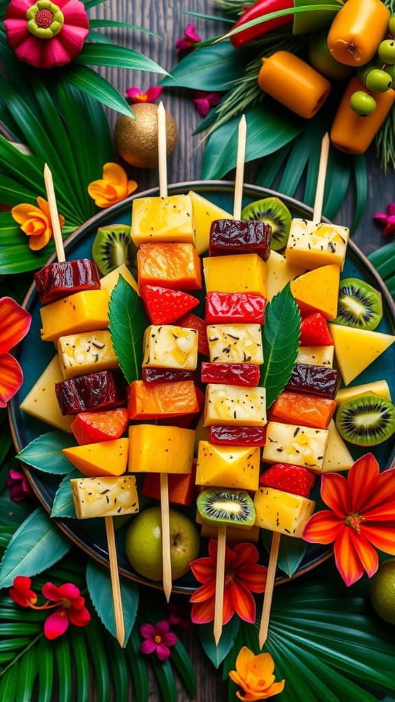 Colorful tropical fruit kabobs featuring pineapple, mango, kiwi, and strawberries.