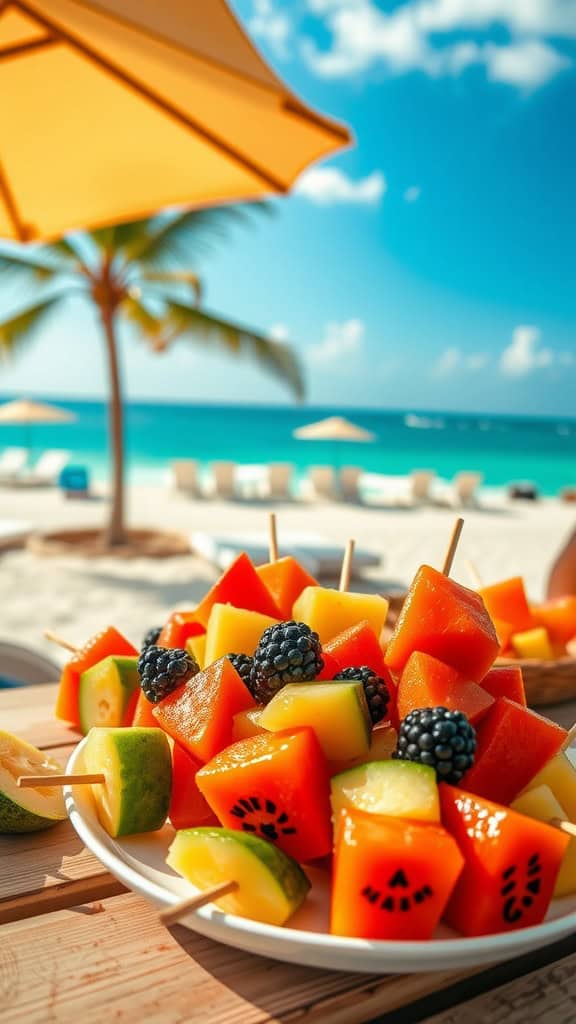 Colorful tropical fruit skewers on a plate, ideal for a beach party.