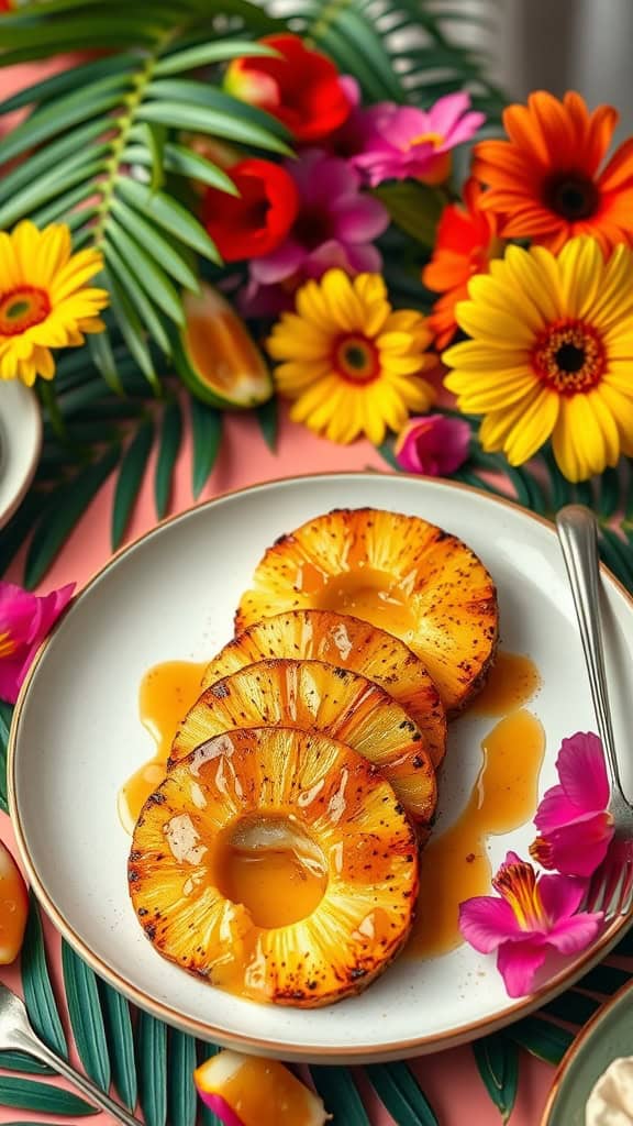 Delicious grilled pineapple slices drizzled with cinnamon honey, perfect for a tropical luau party.