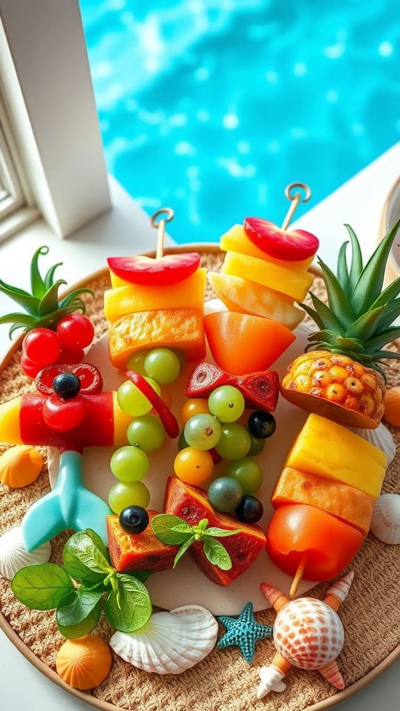 Colorful tropical fruit skewers shaped like sea-themed designs for a mermaid party.