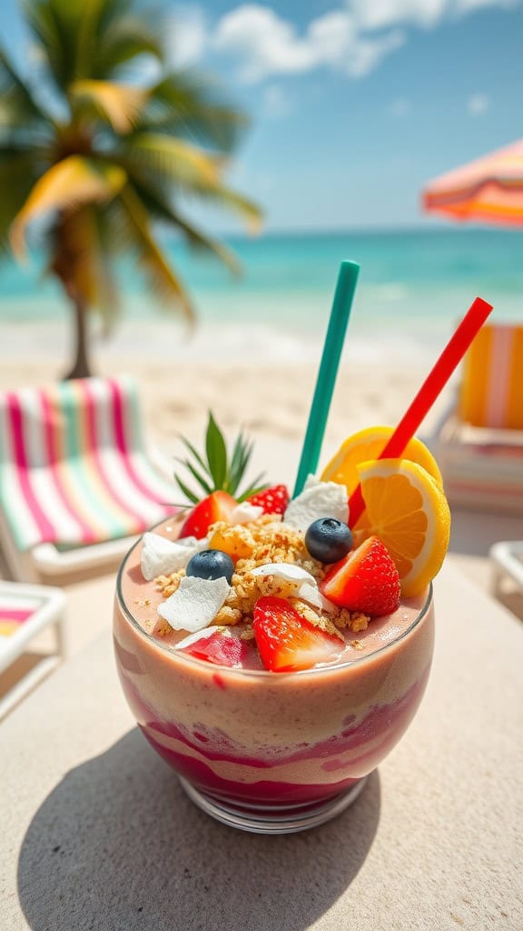 A vibrant tropical smoothie bowl with fruits and toppings, perfect for a beach party.