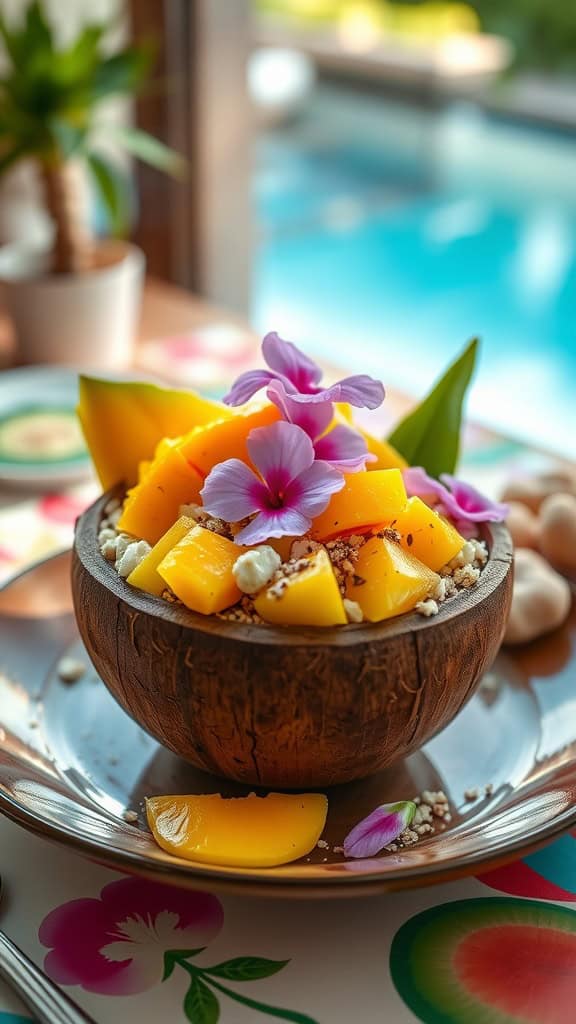 A tropical smoothie bowl topped with fresh fruits and flowers.