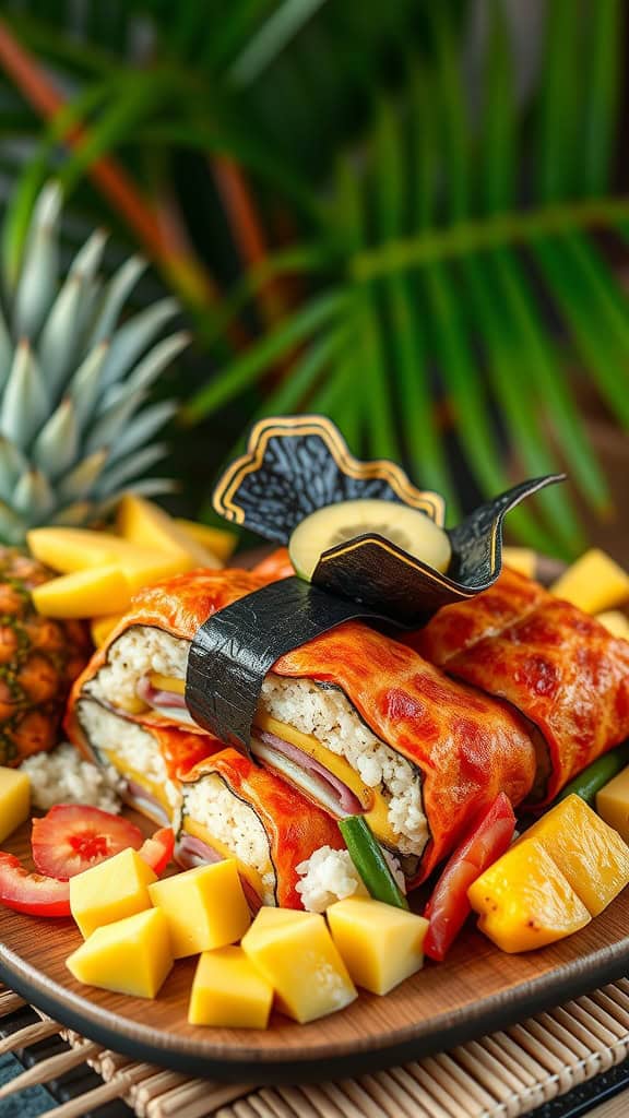 A platter of Tropical Spam Musubi with fresh ingredients and vibrant colors.