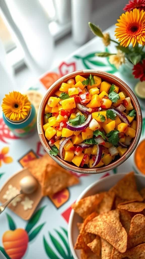 A bowl of mango salsa with diced mango, red onion, jalapeño, and cilantro, served with crispy cinnamon chips.