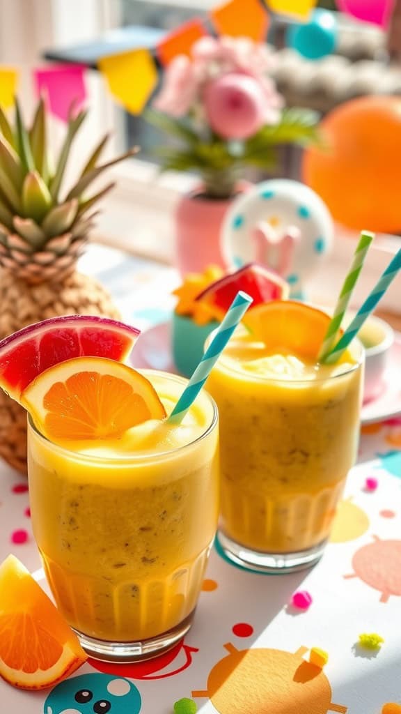 Refreshing Coconut & Pineapple Smoothie Cups with fruit garnishes