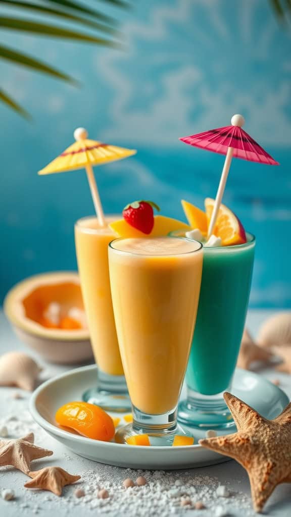 Tropical smoothies in colorful cups with fruit garnishes.