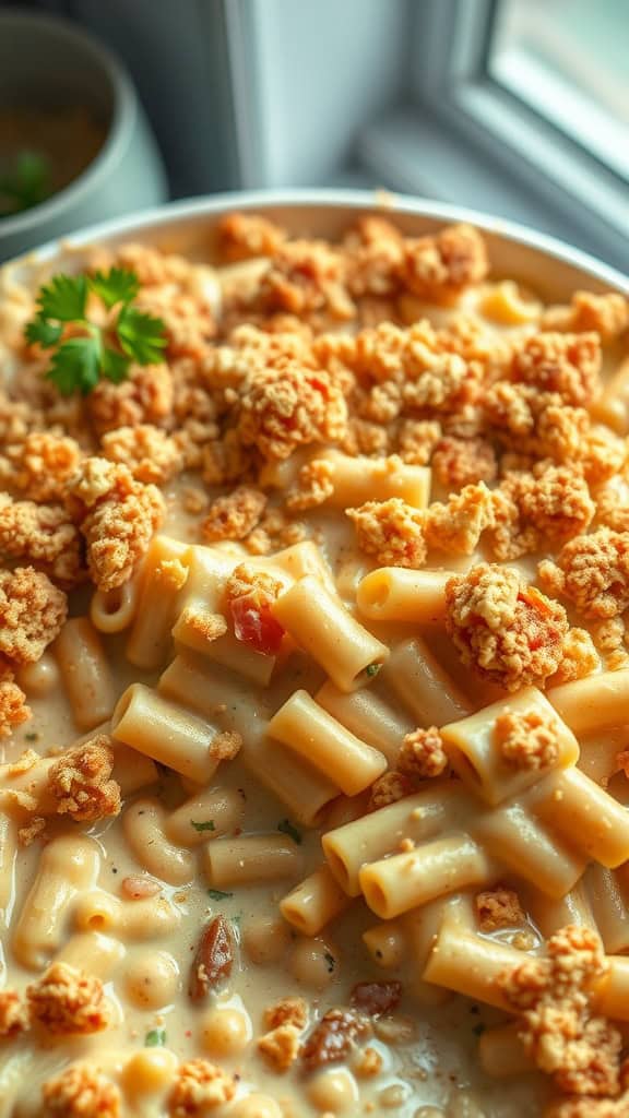 A close-up of a creamy tuna casserole topped with crunchy bits.