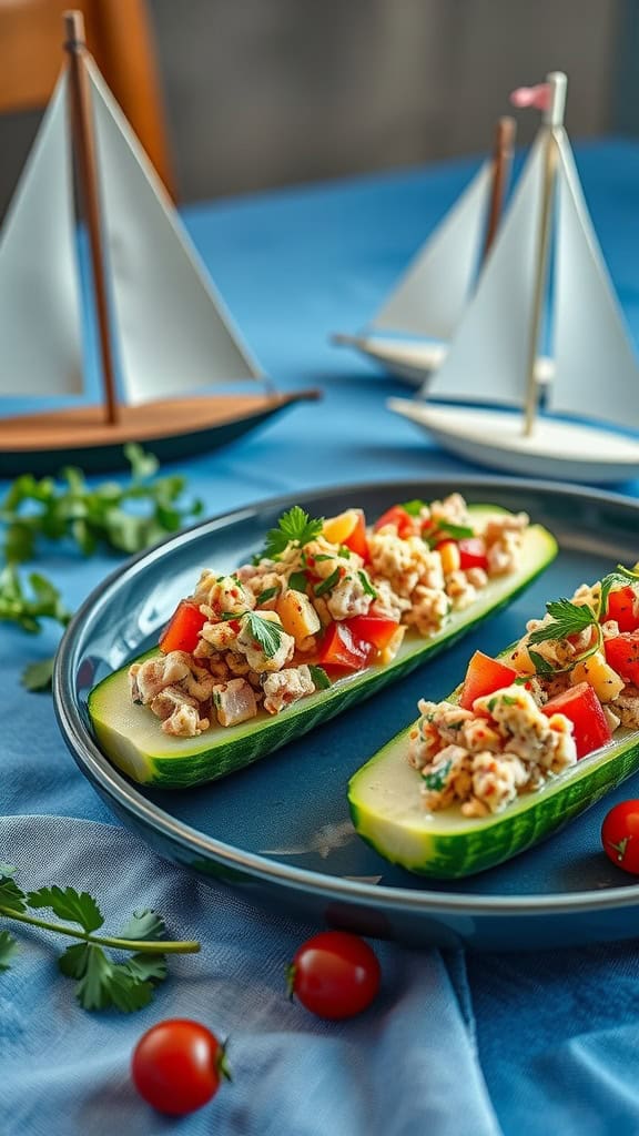 Tuna salad served in cucumber halves with cherry tomatoes and parsley.