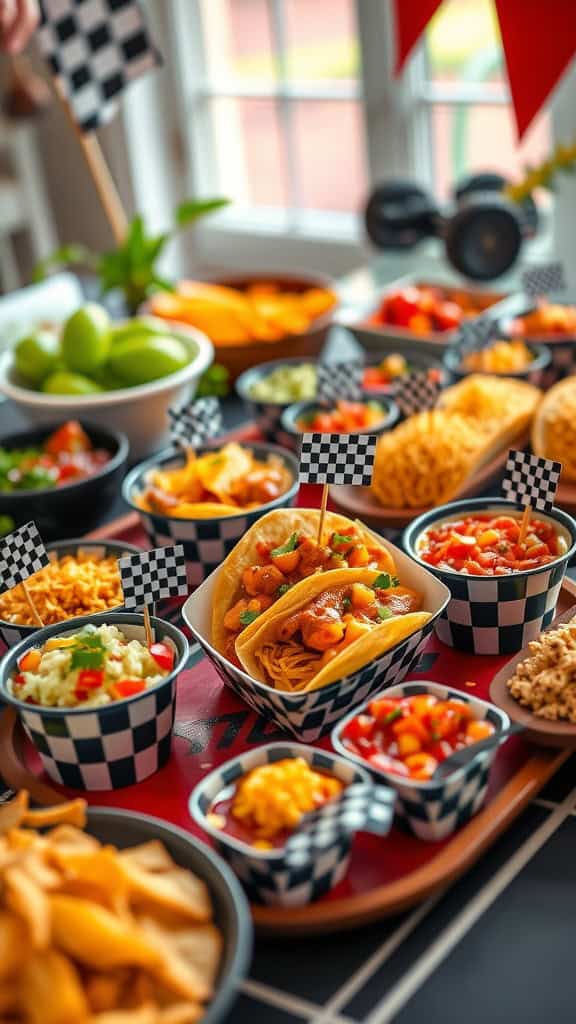 A colorful taco station setup featuring various toppings and taco shells, perfect for a race car party.