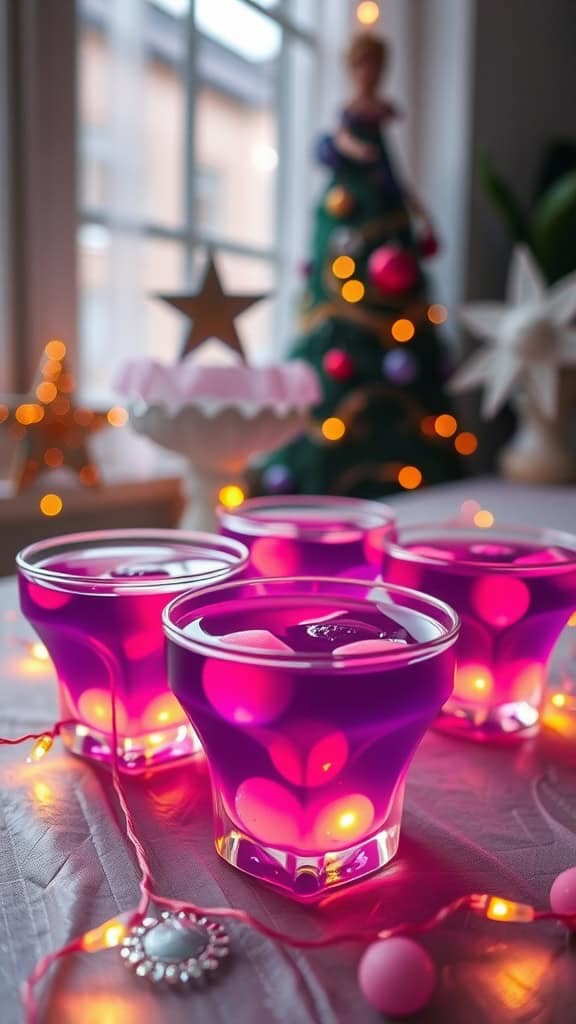 Glowing gelatin cups with a vibrant purple color, garnished with fruit, perfect for a fairy-themed party.